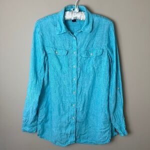Lands End Linen Button Down Tunic Shirt Top Womens Small Teal Green Roll Tab